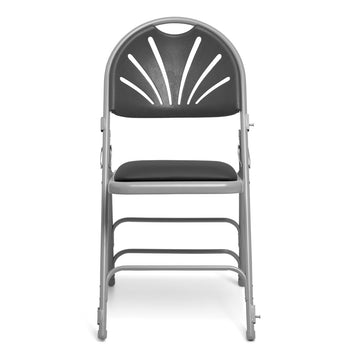 Metal folding chair with black vinyl seat pad and black plastic fan shaped back front profile.